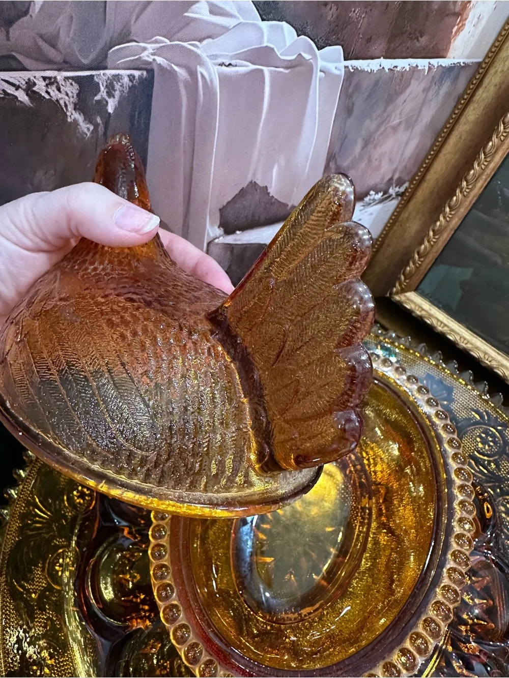 Amber Indiana Glass Hen On Nest w/ Amber glass Tiara pattern deviled egg  plate